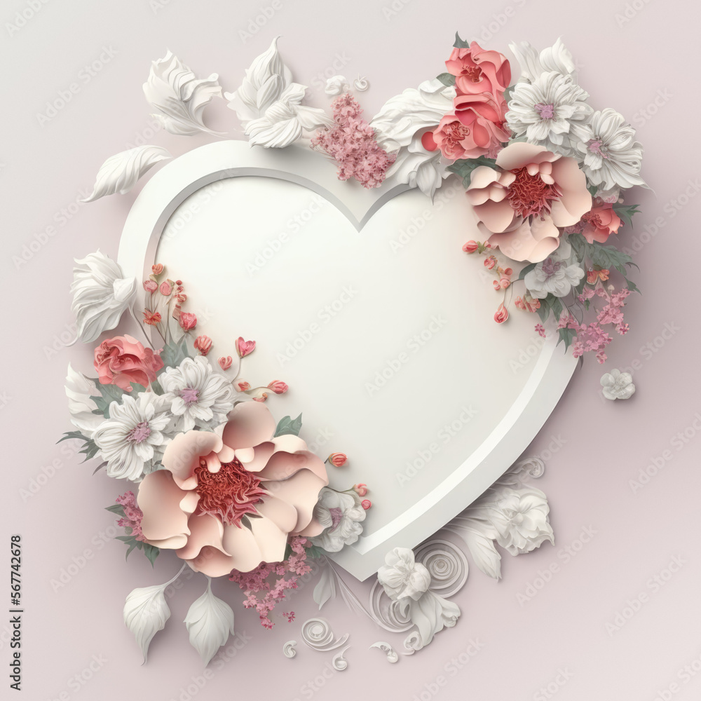 AI generated valentines day postcard with shape of heart and flowers.