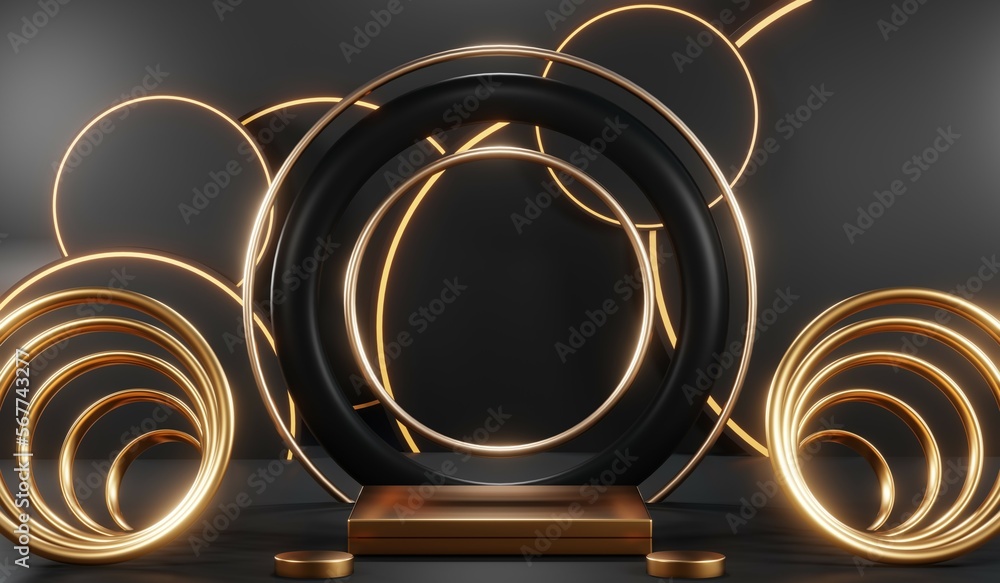 3d render of abstract realistic studio room with Luxury round pedestal stand podium with golden glitter in shape backdrop. Luxury black friday sale scene for product display presentation background 3d render of abstract realistic studio room with Luxury round pedestal stand podium with golden glitter in shape backdrop. Luxury black friday sale scene for product display presentation background