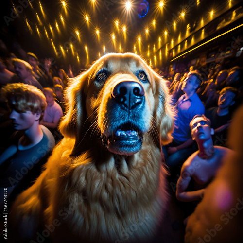 Golden Retriever Dog Influencer In places. In a rave party photo