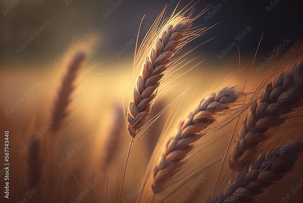 beautiful close up wheat ear against sunlight at evening or morning with yellow field as background, generative ai beautiful close up wheat ear against sunlight at evening or morning with yellow field as background, generative ai