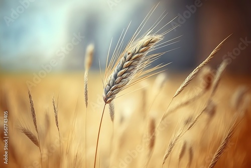 beautiful close up wheat ear against sunlight at evening or morning with yellow field as background  generative ai