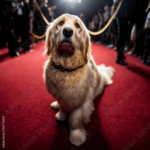 Golden Retriever Dog Influencer In places. At a red carpet. Posing photo