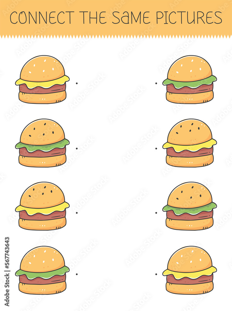 Connect the same pictures game with a cute cartoon burger. Children's game with a hamburger. Connect the same pictures game with a cute cartoon burger. Children's game with a hamburger.