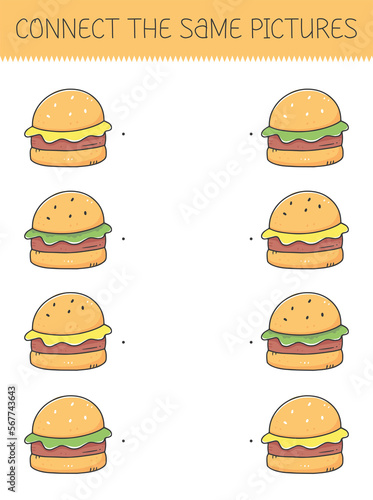 Connect the same pictures game with a cute cartoon burger. Children's game with a hamburger.