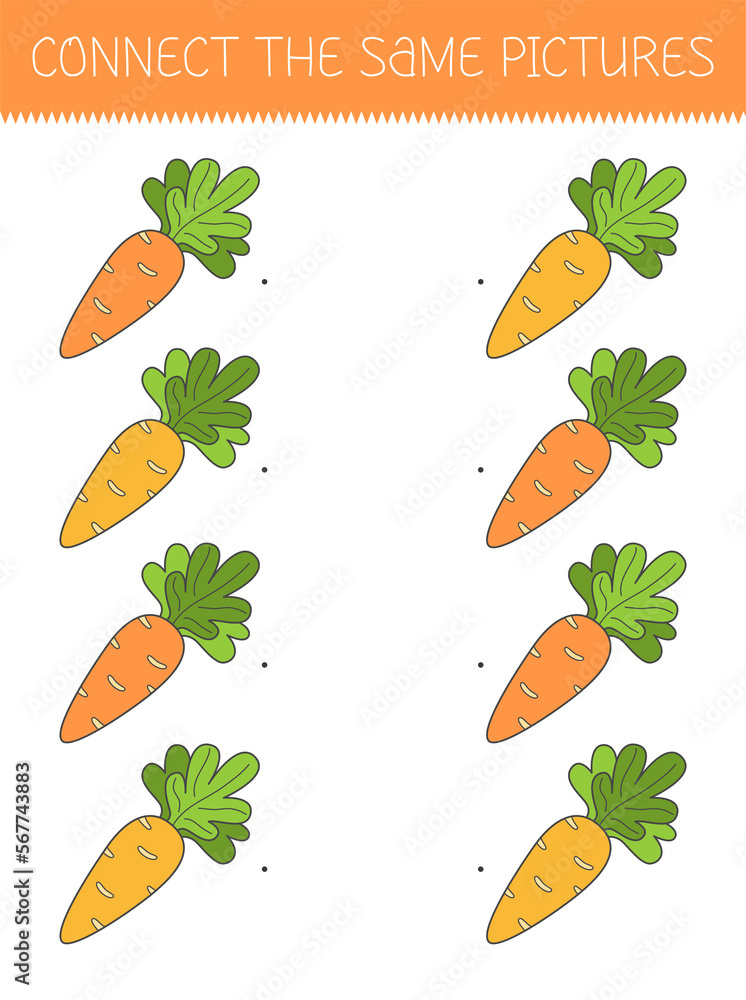Connect the same pictures game with a cute cartoon carrot. Children's game with a carrot. Connect the same pictures game with a cute cartoon carrot. Children's game with a carrot.