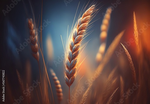 close up wheat ears with wheat field background,  idea for world food significant staple concept, Generative Ai
