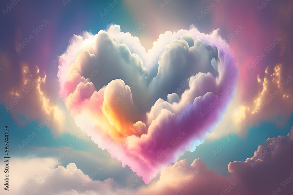 3d Romantic Heart Valentine’s day, Love in the air, cloudy and dreamy, pastel background, realistic, Generative Ai.