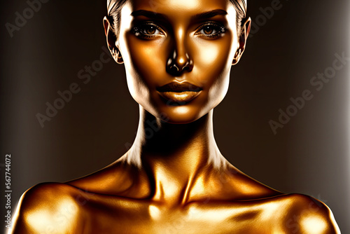 Fashion Gold Skin Beauty Woman Portrait Golden Makeup Gold Lips - Post-processed Generative AI
