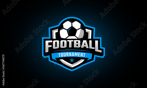 Football sport logo with shield and ball for tournament or championship