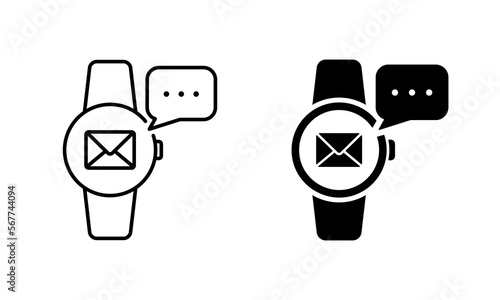 Message on Smart Watch Silhouette and Line Icon Set. Smartwatch Notification Pictogram. Communication Mail Envelope Icon on Tracker. Modern Sport Gadget. Editable Stroke. Isolated Vector Illustration