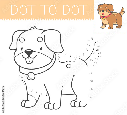 Dot to dot game coloring book with dog for kids. Coloring page with a cute cartoon puppy.