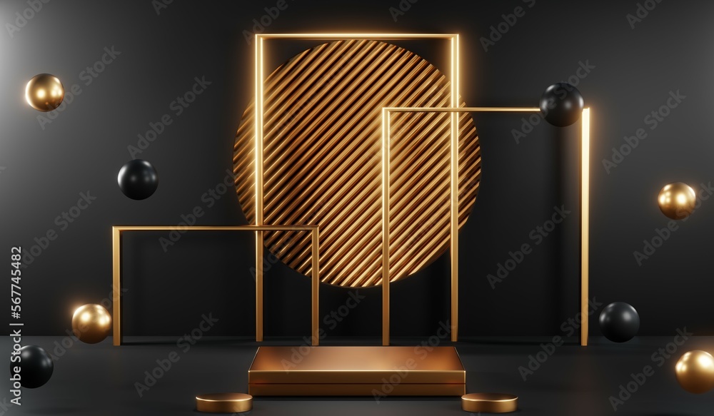3d render of abstract realistic studio room with Luxury round pedestal stand podium with golden glitter in shape backdrop. Luxury black friday sale scene for product display presentation background 3d render of abstract realistic studio room with Luxury round pedestal stand podium with golden glitter in shape backdrop. Luxury black friday sale scene for product display presentation background