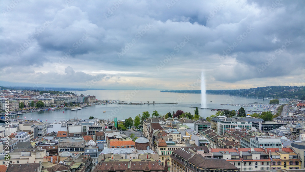panorama of the geneva city in switzerland with the The Jet d'Eau