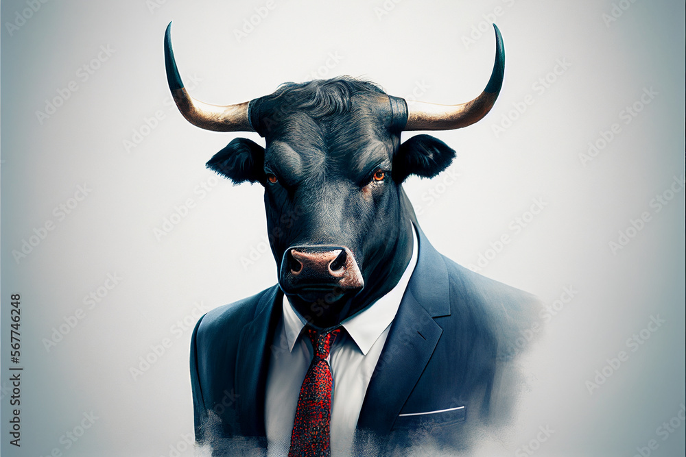 Portrait of a business bull. AI generated.