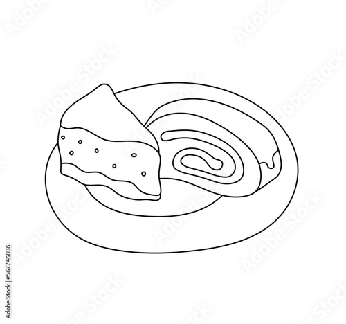 Vector isolated two sweet pieces of cakes roll and triangle piece on a plate colorless black and white contour line easy drawing