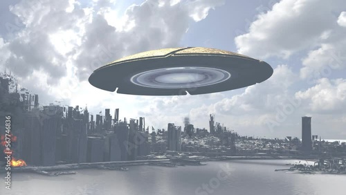 Large alien Mothership flying over Destroyed New York
Smoke and destroyed   Manhattan buildings, apocalyptic cinematic view of UFO invasion, 2023
 photo