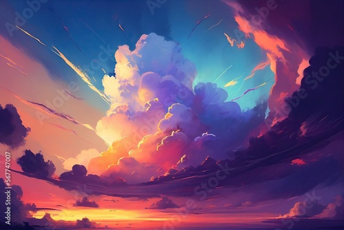Pastel sunset sky and dynamic clouds. Digital painting style. Generative AI