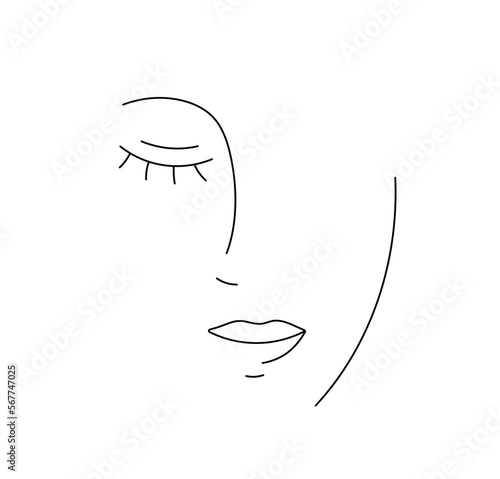 Vector isolated one single simple line abstract half face closed eye nose lips colorless black and white contour line easy drawing