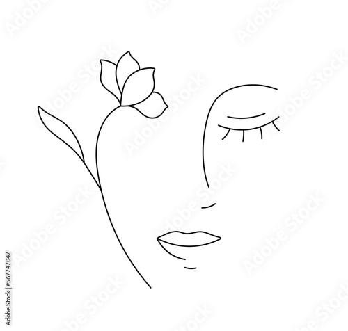 Vector isolated one single simple line abstract half face with flower closed eye nose lips colorless black and white contour line easy drawing