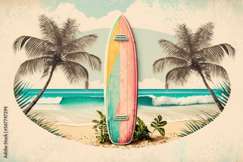 Pastel surfboards on tropical beach. Retro tone color style. Travel vacation concept. Generative AI © tonktiti