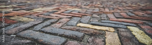 Antique paving stones of different shades are laid out in a herringbone pattern like parquet in macro with a blurred background in the city of Chernihiv, on a cloudy spring day after rain