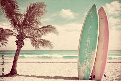 Pastel surfboards on tropical beach. Retro tone color style. Travel vacation concept. Generative AI