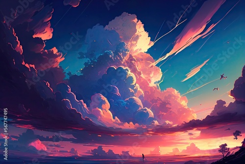 Beautiful sky with dynamic clouds during sunset. Digital painting style. Generative AI 