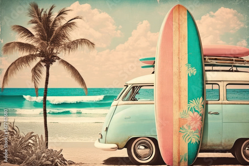 Pastel surfboards on tropical beach. Retro tone color style. Travel vacation concept. Generative AI