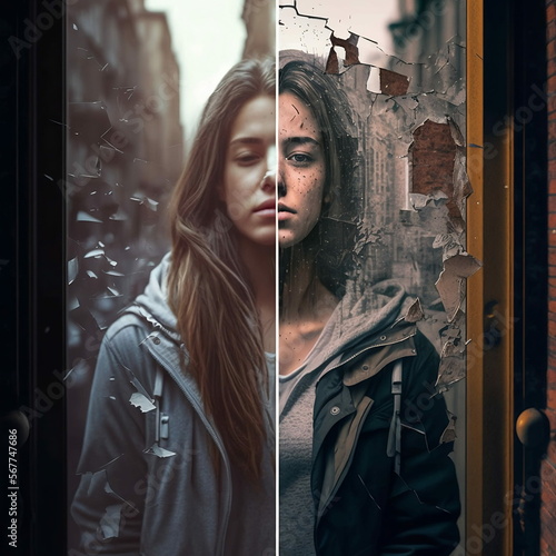una donna divisa in due confusa e depressa, in una foto rovinata di una città che cade in pezzi