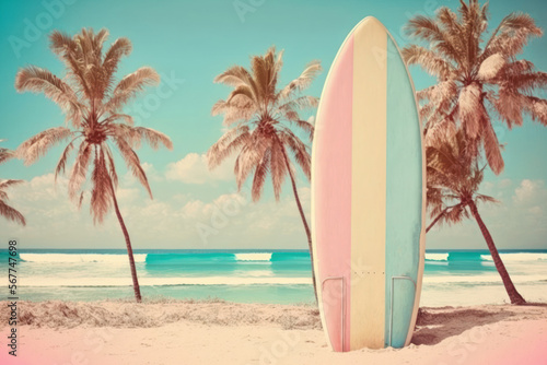 Pastel surfboards on tropical beach. Retro tone color style. Travel vacation concept. Generative AI © tonktiti