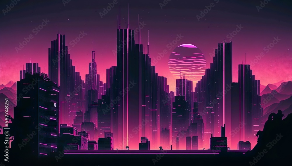 16:9 synth-wave city skyline at sunset