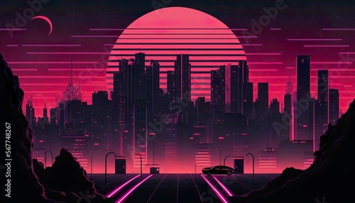 16:9 synth-wave city skyline at sunset photo
