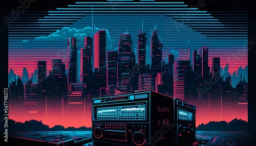 16:9 synth-wave cityscape background photo