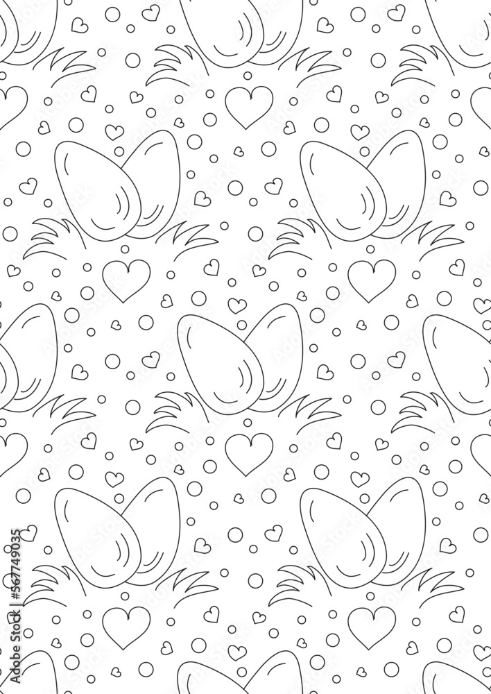 Seamless pattern eggs Easter and hearts. Doodle Black and white Geometric vector illustration.