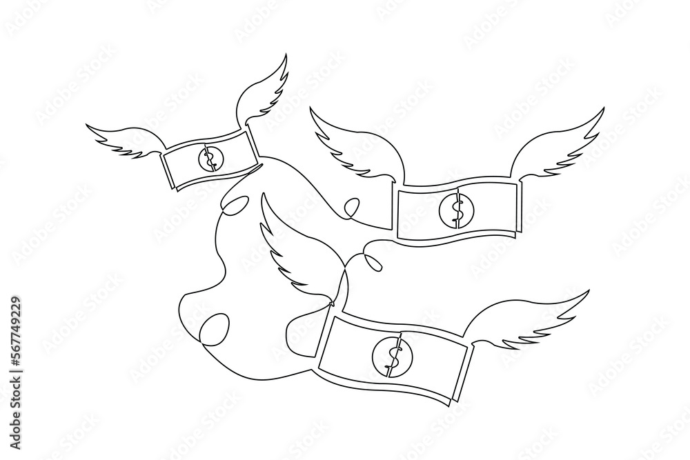 Continuous single one line drawing art of money paper flying with wings. Vector illustration of loss dollar banknote money. Continuous single one line drawing art of money paper flying with wings. Vector illustration of loss dollar banknote money.