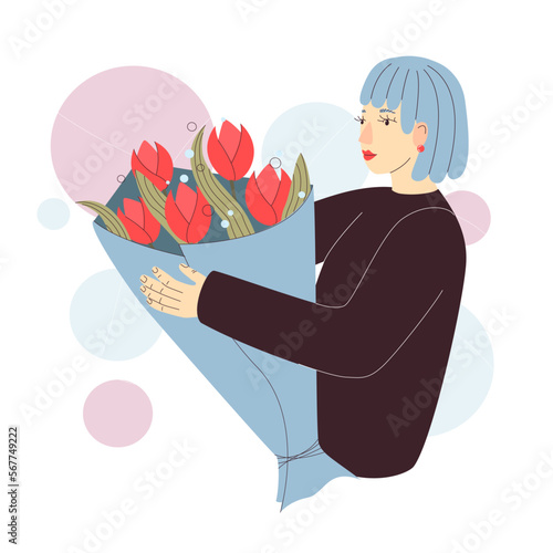 girl woman holds a big bouquet of flowers in her hands and smiles, flat style, pastel colors, outline