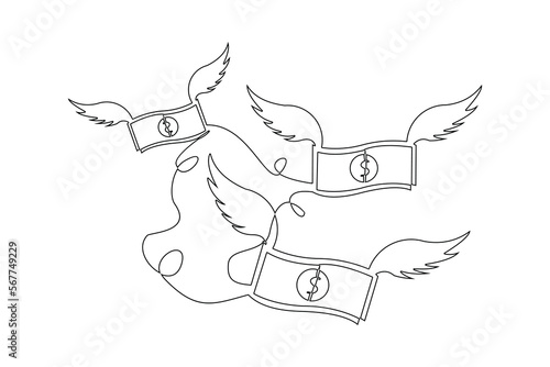 Continuous single one line drawing art of money paper flying with wings. Vector illustration of loss dollar banknote money.