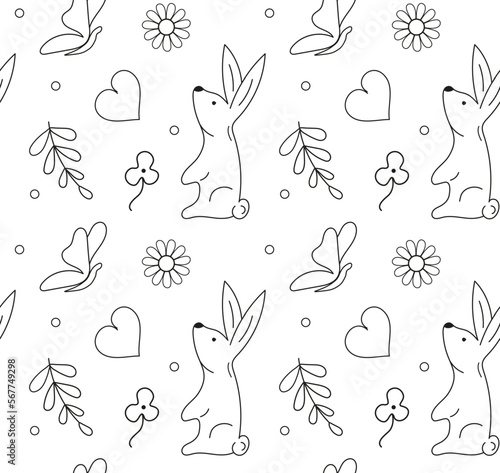 Doodle seamless pattern easter eggs, Rabbit, flowers, twigs, butterflies, hearts. Doodle vector.