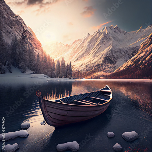 landscape of mountains in winter with a lake and a wooden boat at sunset 