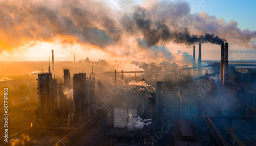 industry metallurgical plant dawn smoke smog emissions bad ecology aerial photography photo