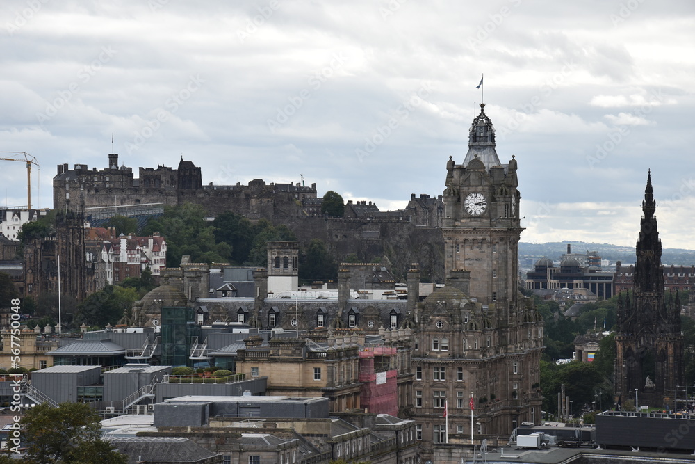 Aerial view of Edinburgh city centre with buildings and landmarks. 