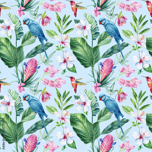 Floral Seamless pattern, wallpaper jungle and tropical palm levels and tropical birds photo