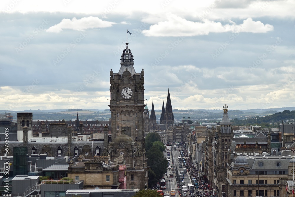 Aerial view of Edinburgh city centre with buildings and landmarks. 