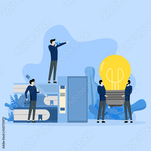 together to find business ideas,Teamwork concept, Collaboration to create modern innovation ideas, Analysis of ideas to expand business and marketing, flat blue vector illustration