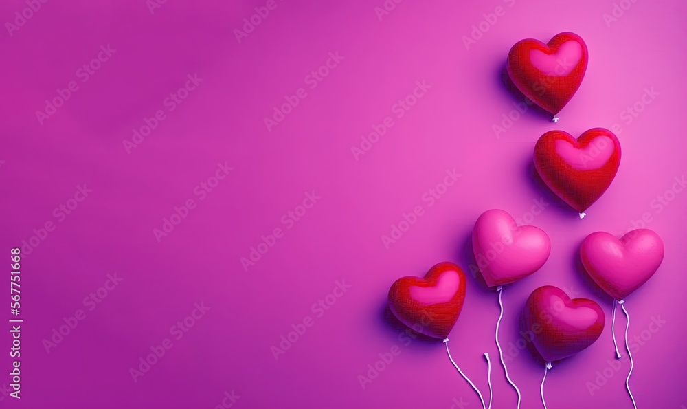 Valentine s day concept. 3D heart hot air flying  on purple background. Love concept for happy mother s day, valentine s day, birthday day. copy space, by ai generative
