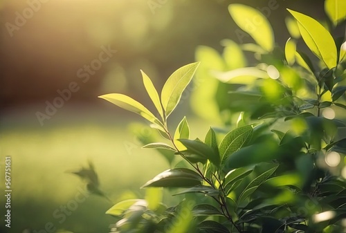 beautiful green tea leaves with sunlight , generative Ai