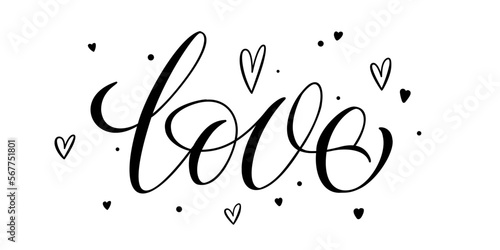 Love. Hand Drawn Brush Lettering. Ink writing in modern calligraphy style. Handwritten greeting card. Valentine's Day. Love letter, message. Love confession. Vector illustration