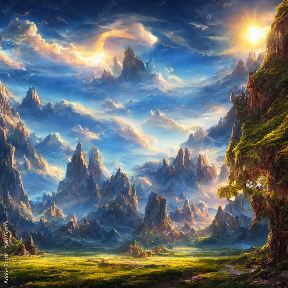 Fantasy beaultiful world with mountains and clouds