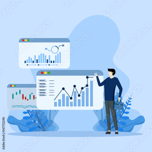 Financial analysis report ,Reporting data with graphs and charts,Checking information on website,Employees analyzing marketing data,Website landing page banner background vector illustration