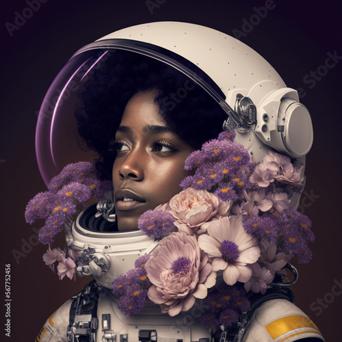 Generative Ai black spaceman woman surrounded by many flowers,empowerment theme concept photo